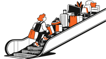 Un personaggio sale su una scala mobile con borse della spesa, mentre gli acquisti e i beni di lusso aumentano progressivamente, rappresentando la lifestyle inflation.