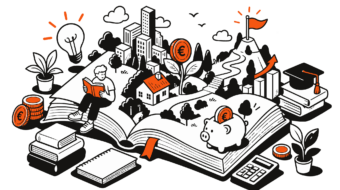 Persona che legge su un libro aperto da cui nascono casa, città, salvadanaio, monete e una montagna con bandiera