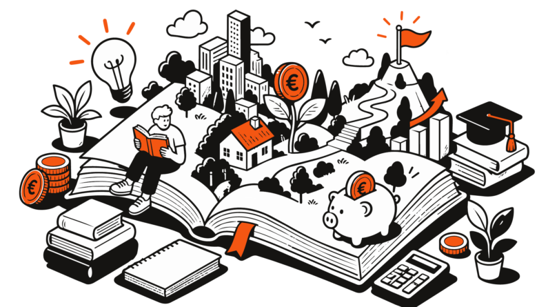 Persona che legge su un libro aperto da cui nascono casa, città, salvadanaio, monete e una montagna con bandiera